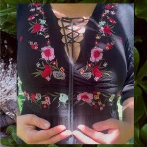 EARTHBOUND Black Maxi Dress with Floral Embroidery